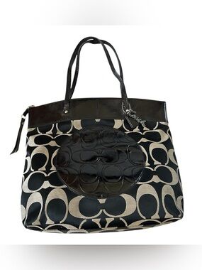 Coach Laura Signature Tote Black and Beige with Patent Trim F18335